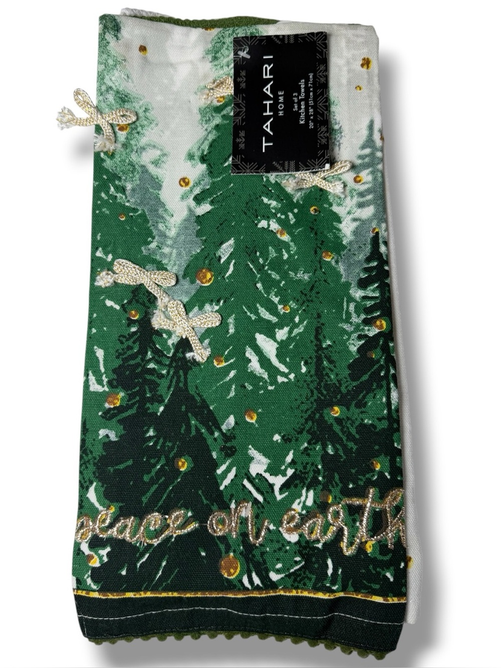 Tahari Green and Gold Holiday Kitchen Towel Set of 3